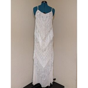 Aris A. Cream Silk Burnout Velvet Fringe Flapper Maxi Dress XL NWT Bridal